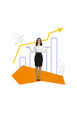 Poster - Vertical collage picture of successful nice lady presenting results stats project startup isolated on drawing white color background