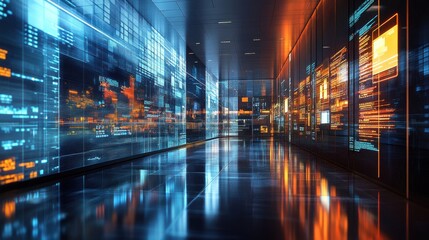 Poster - A futuristic corridor with glowing digital displays showcasing data, creating a sleek and modern environment.