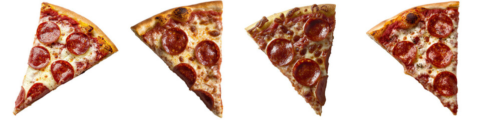 Poster - Slices of pepperoni pizza arranged on a white background for a minimalist presentation