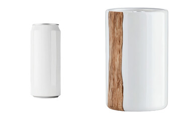 Aufkleber - Minimalist mockup showing an isolated beverage can and a sleek cup with wood texture detail