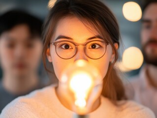 Wall Mural - Woman holds bright light bulb idea