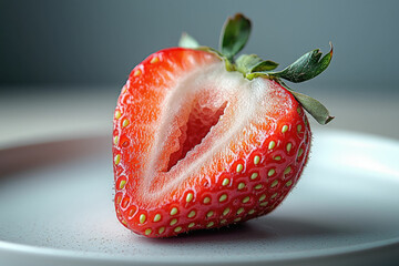 Poster - A close-up shows a half of a strawberry, revealing its juicy red interior and numerous small seeds on a white surface.