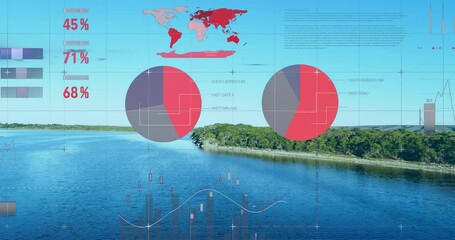 Poster - Data visualization animation over serene river landscape with graphs and charts