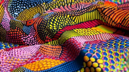 Poster - Vibrant textile displays a variety of intricate patterns, emphasizing creativity and craftsmanship in fabric design