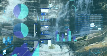 Poster - Animating data visualization and graphs over waterfall landscape in nature setting
