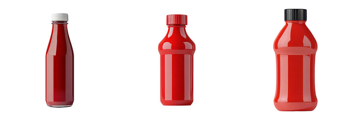 Poster - Minimalist isolated mockups of three red condiment bottles in varying styles and sizes on a clean background
