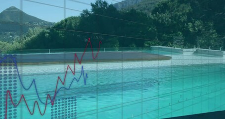 Poster - Graph lines overlaying swimming pool with mountain view, creating animation effect