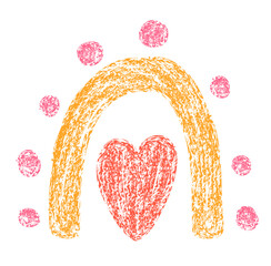 Poster - Cute rainbow and heart drawind with crayon brush texture effect. Vector childlike illustration