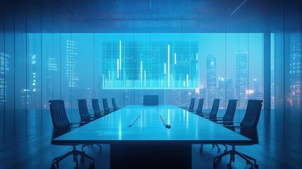 Poster - A futuristic conference room with a glass wall showcasing city skyline and digital displays, creating a sleek, modern business environment.
