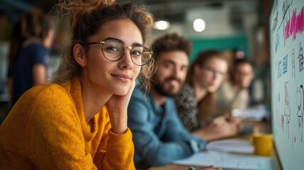 Poster - A focused young woman with glasses smiles while sitting in a collaborative environment with peers, engaged in a creative brainstorming session.