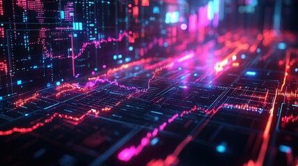 Poster - A vibrant digital landscape featuring glowing data streams and graphs, illustrating technology and data visualization in a futuristic style.