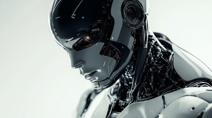 Aufkleber - In a sleek, minimalistic space, a futuristic robot-human hybrid stands as an emblem of advanced technology