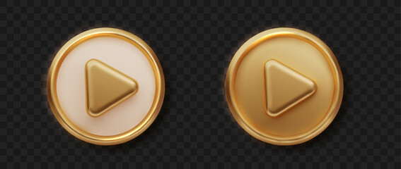 Golden 3D play button isolated. Music and video player realistic icon. Glossy golden metallic shape.