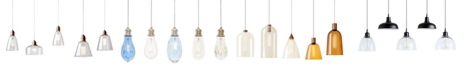 Poster - Creative arrangement of minimalist hanging light fixtures showcasing diverse styles and shapes in a contemporary setting