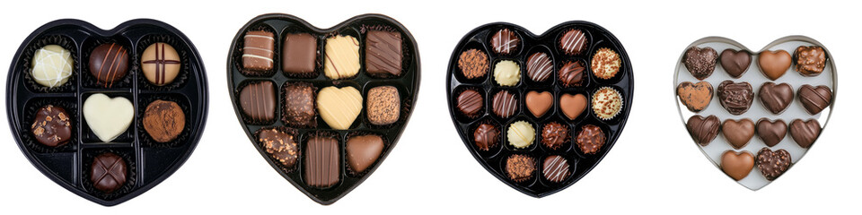 Poster - Heart-shaped chocolate boxes arranged in a minimalist style showcasing assorted chocolates and confections for a sweet celebration