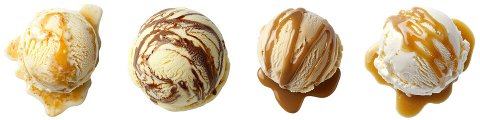 Poster - Various flavors of melting ice cream scoops arranged on a minimalist white background showcasing different textures and colors