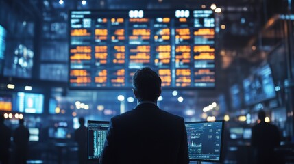 Poster - A person stands in front of large digital screens displaying stock market data, emphasizing a busy trading environment.