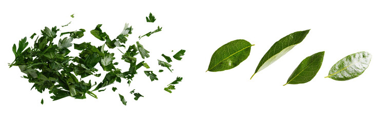 Poster - Fresh herbs laid out in a minimalist style featuring chopped parsley and whole bay leaves on a plain backdrop