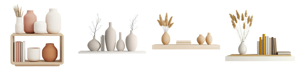Poster - Isolated minimalist mockups of decorative vases and bookshelves in soft neutral tones enhancing modern interior design aesthetics