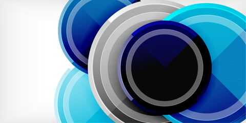Poster - Abstract design features overlapping circles, varying shades blue, gray. Modern aesthetic, clean lines, dynamic composition. Minimalist style, geometric shapes dominate visual space.