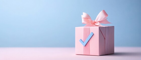 Wall Mural - Pink gift box with blue check mark