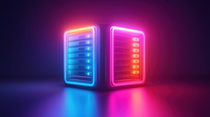 Poster - a futuristic data storage device illuminated with vibrant blue and pink lights, set against a dark b