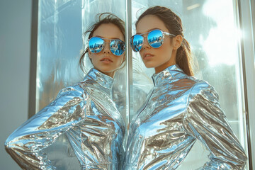 Poster - Futuristic fashion portrait of a woman with sunglasses reflecting a cityscape, wearing a shiny silver outfit next to a reflective surface.