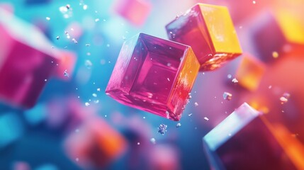 Poster - A vibrant, abstract image of floating, translucent cubes in shades of pink, blue, and orange, creating a dynamic and colorful visual effect.