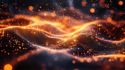 Poster - Abstract visualization of shimmering waves in vibrant hues of orange and gold, creating a mesmerizing, dynamic effect.