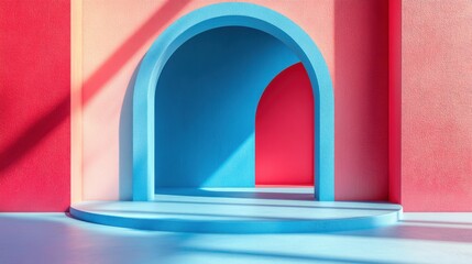 Poster - A minimalist interior featuring bold blue and pink arches, creating a vibrant and artistic atmosphere with soft shadows.