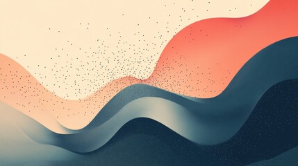 Poster - An abstract composition featuring flowing waves in soft hues of red, blue, and beige, adorned with scattered dots, evoking a sense of movement and tranquility.