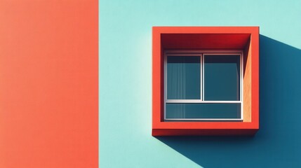 Poster - A vibrant, modern window framed in orange contrasts against a teal wall, showcasing a minimalist architectural design.