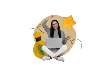 Aufkleber - Photo of optimistic business entrepreneur worker rich investor woman money bag direct fingers bright star isolated on beige background