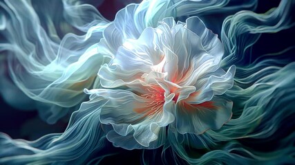 Aufkleber - Animation of a fantastic flower composed of light and haze. Its petals, translucent and airy, are a delicate blue color with accents of warm orange. Smooth Motion. A sense of magic and unreality