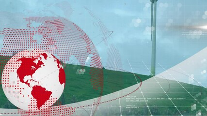 Poster - Animation of red globe with digital data over wind turbine in green landscape