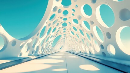 Poster - A futuristic, airy corridor with white walls and circular cutouts, illuminated by soft light, creating a sense of depth and motion.