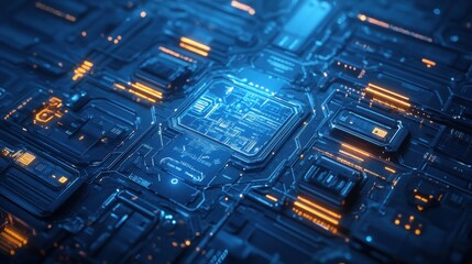 Poster - A close-up view of a futuristic circuit board showcasing intricate patterns and glowing components in blue and orange hues.