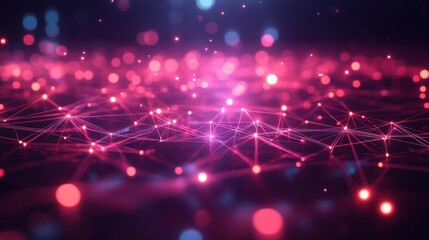 Poster - A vibrant digital landscape with interconnected nodes and glowing particles in shades of pink and blue, creating a futuristic and abstract visual.