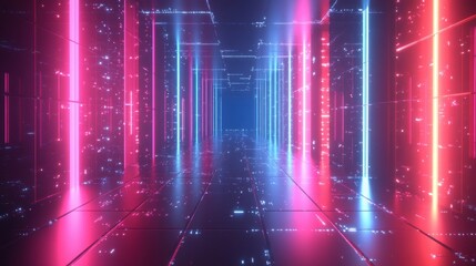 Poster - A futuristic corridor illuminated by vibrant pink and blue lights, featuring reflective surfaces and a digital aesthetic.