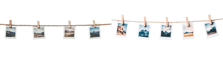 Poster - Showcase of isolated minimalist mockups featuring scenic nature prints hanging on a twine