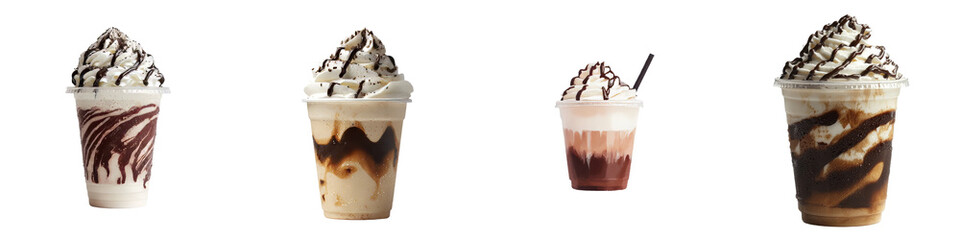 Poster - Delicious isolated minimalist mockups of creamy desserts in stylish cups with appealing toppings and flavors