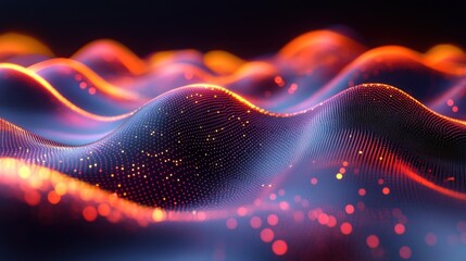 Poster - A vibrant, abstract representation of flowing waves, illuminated with glowing colors, creating a dynamic and digital visual effect.