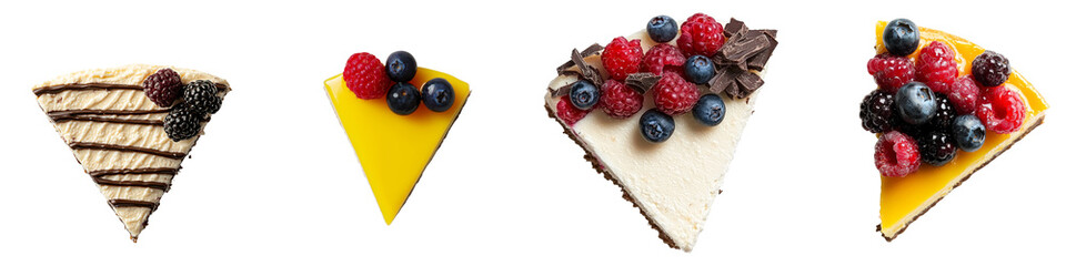 Poster - Delicious assortment of isolated minimalist dessert mockups featuring various cake slices with fresh berries