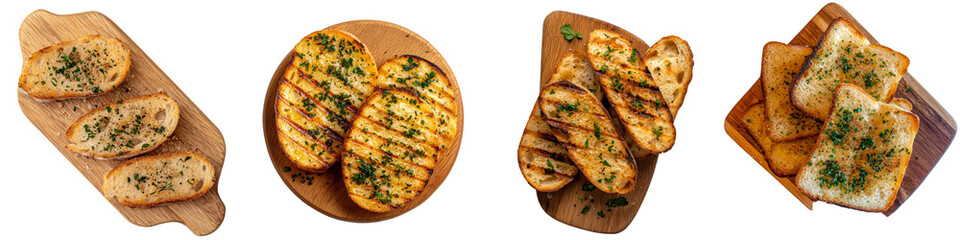 Poster - Isolated minimalist mockups of grilled bread slices on wooden boards with herbs