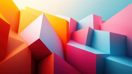 Poster - A vibrant abstract composition of geometric shapes in red, orange, pink, and blue, creating a dynamic and visually engaging landscape.