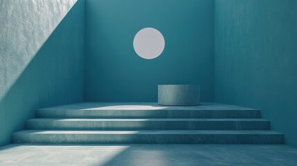 Poster - A serene interior space featuring turquoise walls, a circular window, and a circular pedestal on stepped platforms, creating a minimalist ambiance.