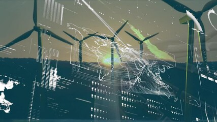 Poster - Animation of wind turbines generating energy with digital world map overlay