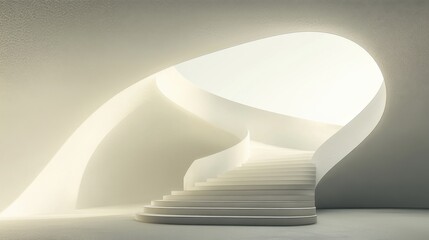 Poster - A sleek, modern staircase ascends through a curved, luminous space, showcasing minimalist design and soft, ambient light.