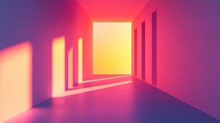 Poster - A vibrant, abstract hallway illuminated by colorful light, featuring a large opening and soft shadows, creating a dreamlike atmosphere.