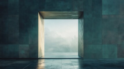 Poster - A minimalist scene showcasing a large, rectangular window opening to a misty landscape, emphasizing tranquility and depth in design.